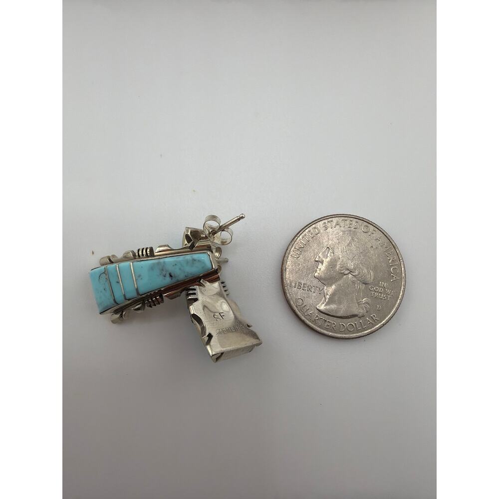 Vintage Navajo Inlay Sterling Silver Steve Francisco Kingman Turquoise Earrings - Picture 5 of 5